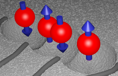 An artist's impression of electron spin qubits inside semiconductor quantum dots.